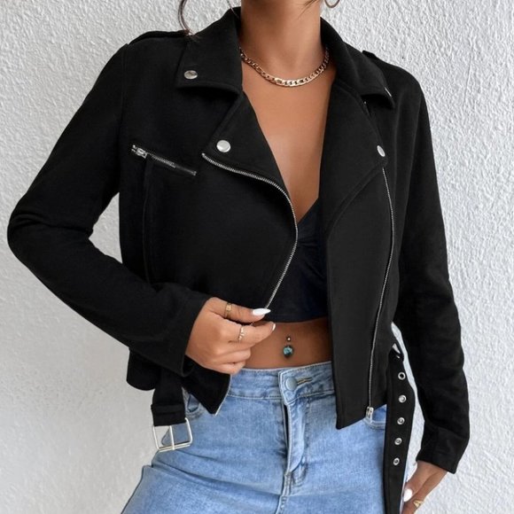 zip up crop moto jacket biker black - Picture 2 of 6